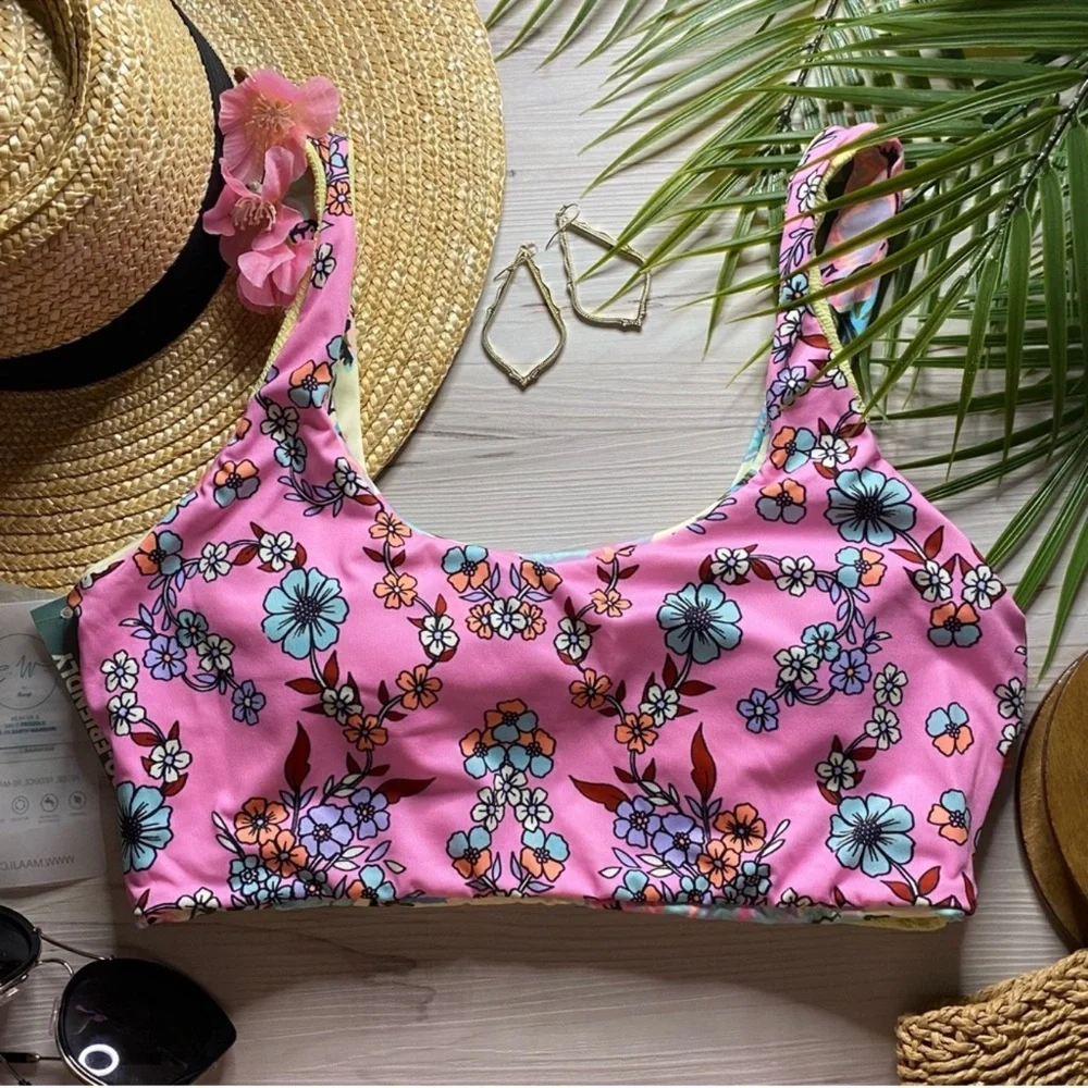 Maaji Floral Bikini Top in Cream and Blue